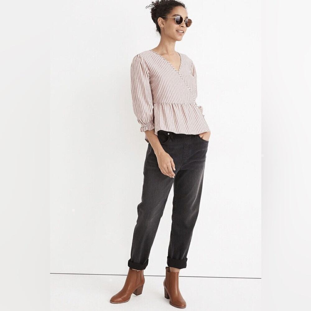 Madewell Blouse Women's Puff-Sleeve Peplum Wrap Top in Stripe Medium Mc794